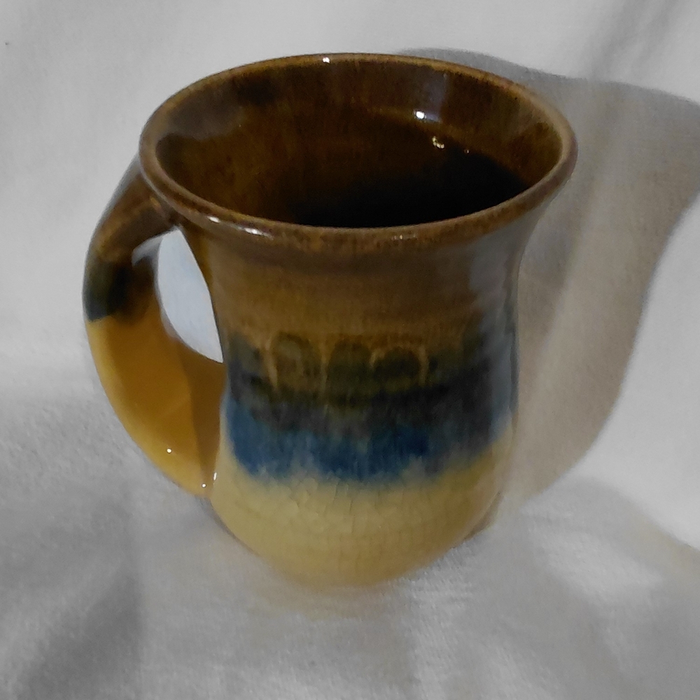 Handmade Ceramic Mug in Brown, Blue and Yellow